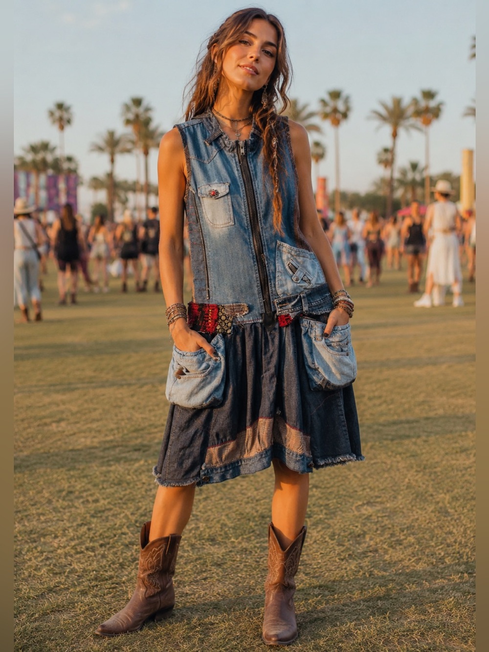 Desigual Boho Denim Midi Dress Size 38 Sleeveless Festival Jean Dress Half Zip - Picture 1 of 13